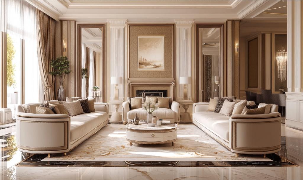 Dubai villa interior design with cream sofas