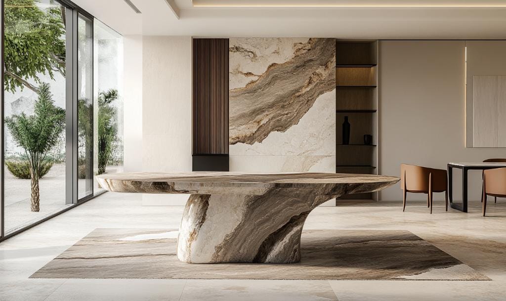 Villa interior design with modern stone dining table
