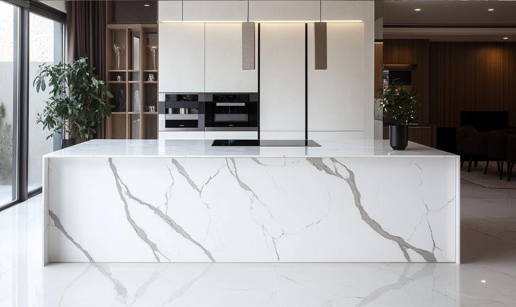 Villa interior with marble kitchen countertops