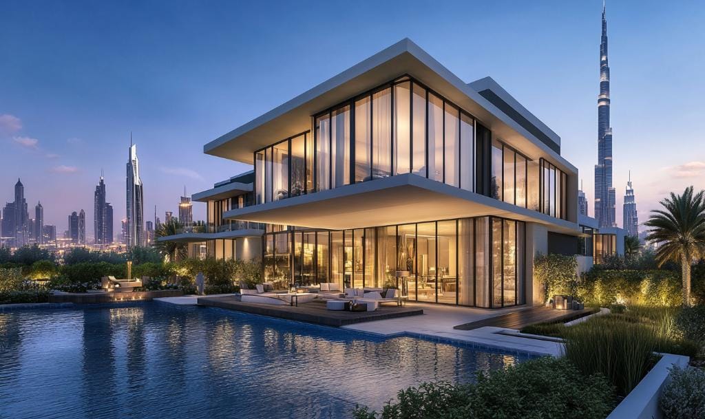 Dubai villa interior design with large glass walls