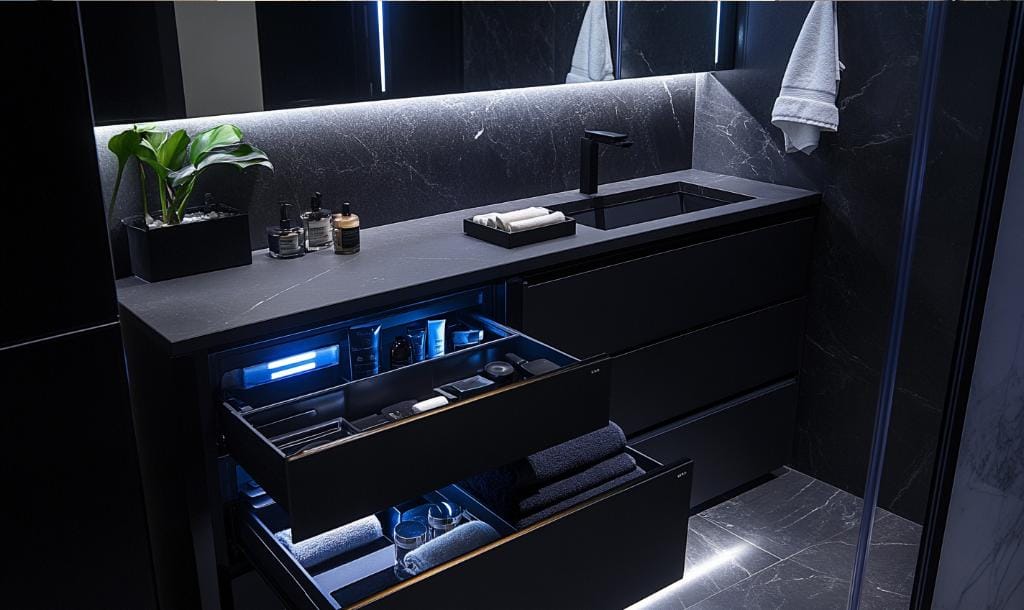 Storage in accessible bathroom remodel